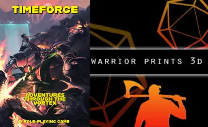 The cover of Timeforge: Adventures through the vortex and the Warrior Prints 3d Logo